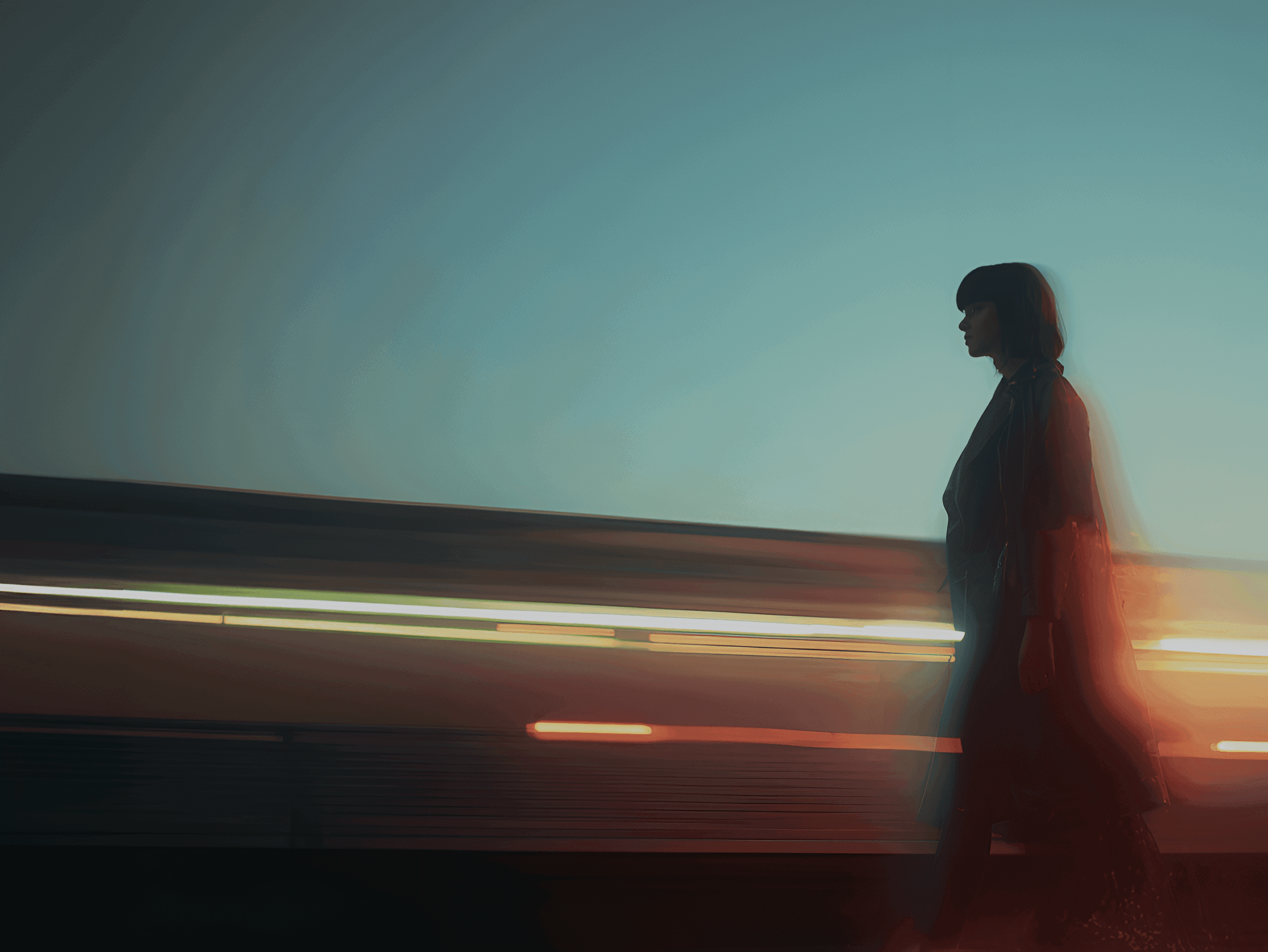 Persona caminando junto a un tren en movimiento